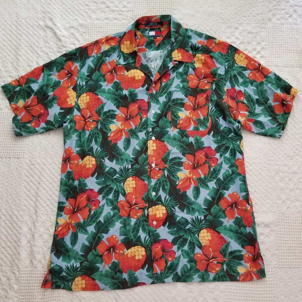 Vintage 90's Tommy Hilfiger Pineapple Floral Hawaiian Rayon Shirt Size Large